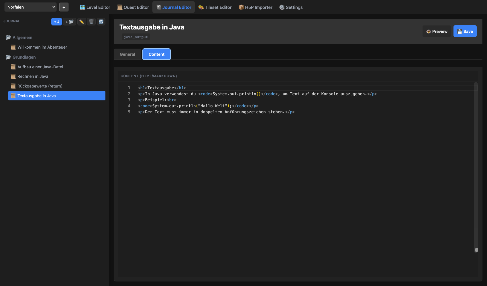 Journal Editor - Inhalt