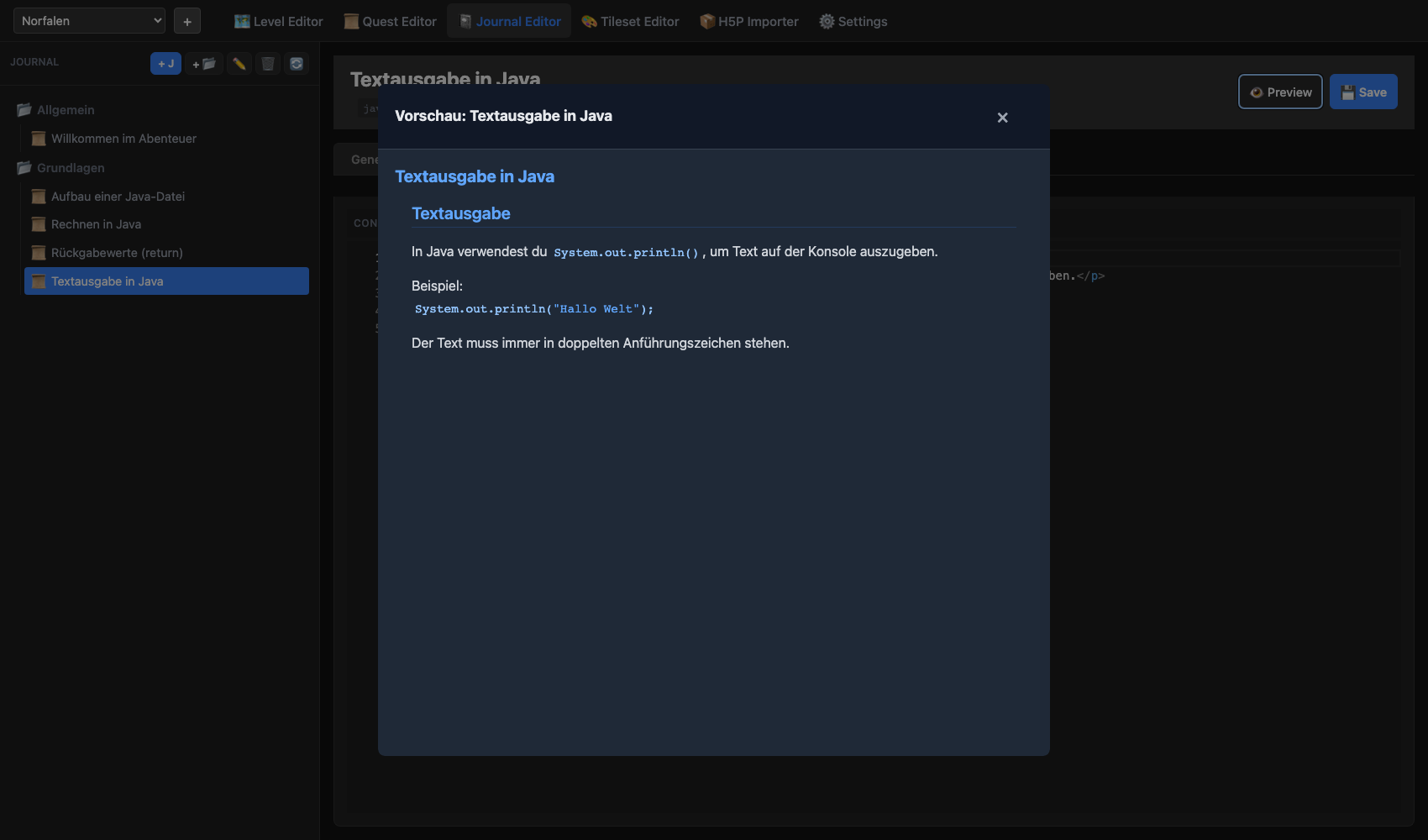 Journal Editor - Vorschau