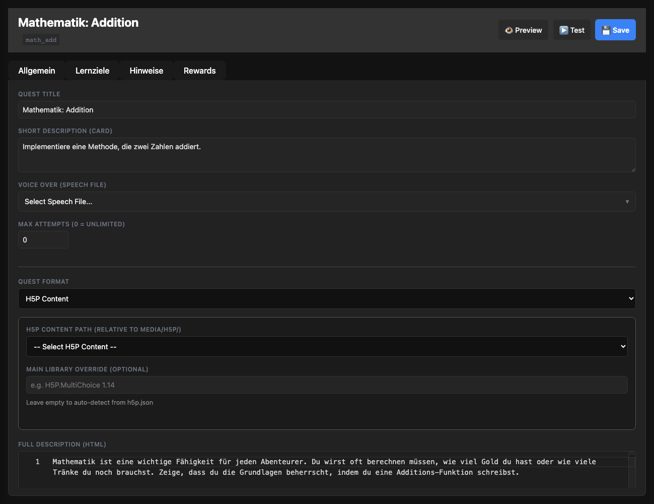 Quest Editor - H5P-Konfiguration